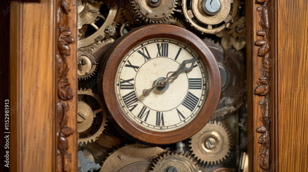 Close-up of antique wooden clock's intricate mechanism, Roman numerals, gears. Close-up of antique wooden clock's intricate mechanism, Roman numerals, gears.