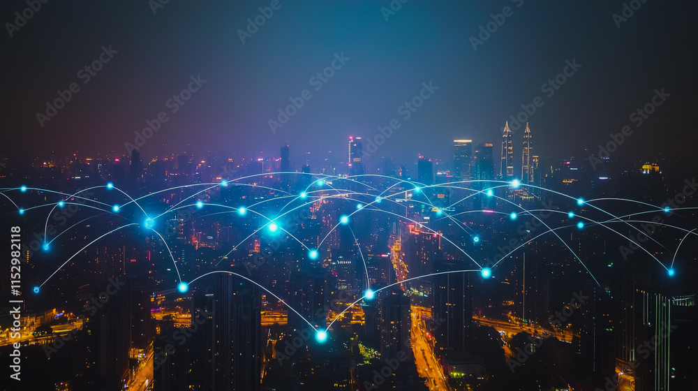 Smart digital city with connection cyber security network reciprocity over the cityscape . future smart wireless digital city and social media networking systems that connects people within the city Smart digital city with connection cyber security network reciprocity over the cityscape . future smart wireless digital city and social media networking systems that connects people within the city