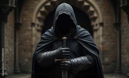 Mysterious hooded figure with sword photo