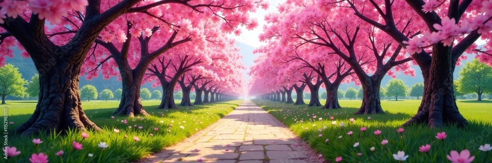 Winding path amidst blooming cherry blossoms in spring, trees, blossoms, landscape Winding path amidst blooming cherry blossoms in spring, trees, blossoms, landscape