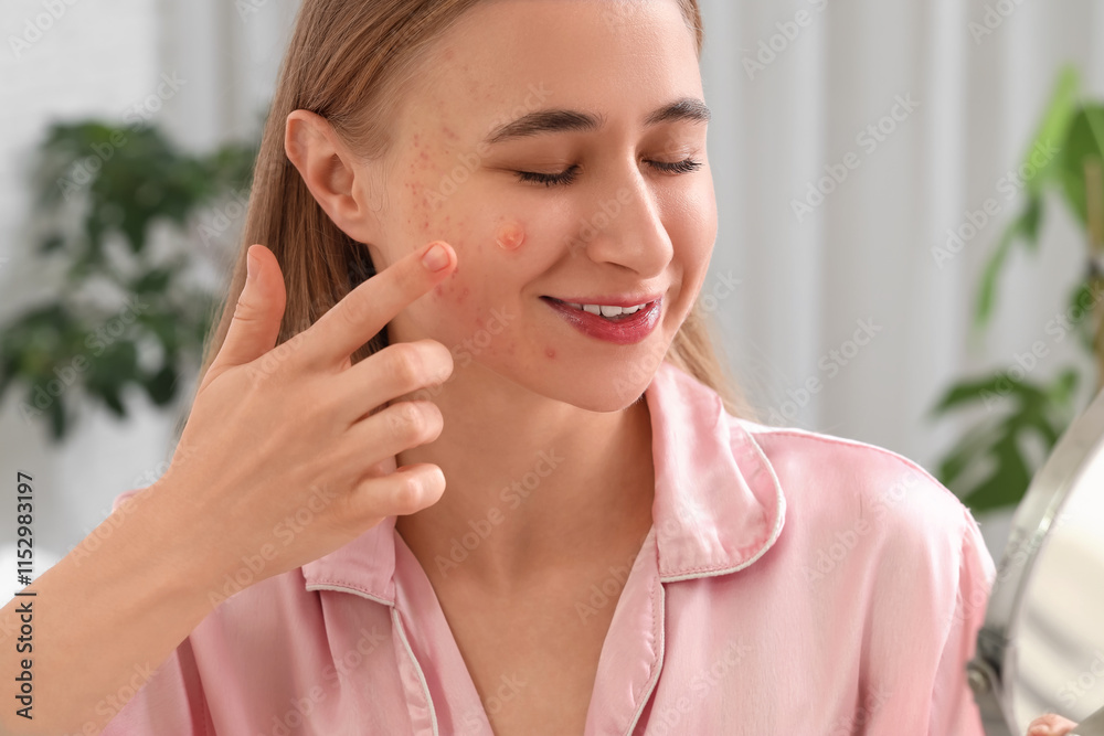 Young woman with acne problem and mirror applying pimple patches in bedroom, closeup Young woman with acne problem and mirror applying pimple patches in bedroom, closeup