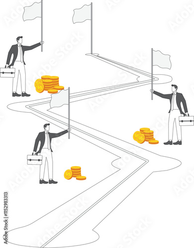 Journeys, milestones, milestones and achievements, career or business planning and progress, traders standing with flags at different path locations