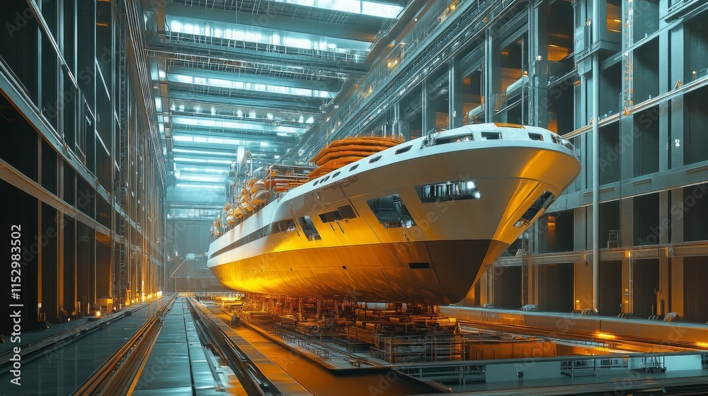 Naklejka premium Luxury yacht under construction in a large shipyard.