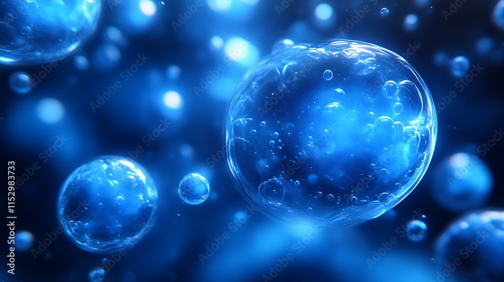Fototapeta premium Luminous Blue Spheres Floating In A Dark Abyss