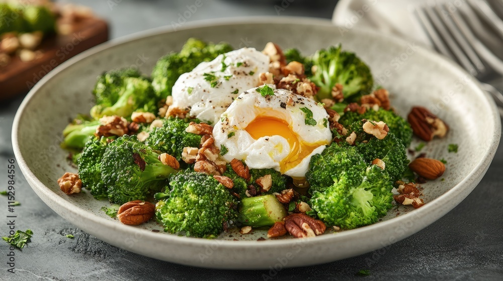 Delicious and Nutritious Broccoli Salad with Poached Eggs, Toasted Nuts, and Fresh Herbs for a Healthy Meal Option or Gourmet Dish Presentation Delicious and Nutritious Broccoli Salad with Poached Eggs, Toasted Nuts, and Fresh Herbs for a Healthy Meal Option or Gourmet Dish Presentation