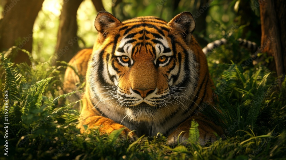 Majestic Tiger in Lush Jungle Setting with Warm Light Majestic Tiger in Lush Jungle Setting with Warm Light