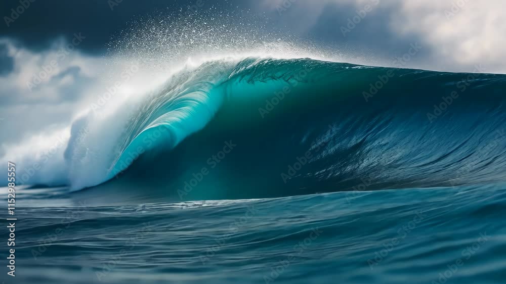 A powerful and towering wave crashes violently in the middle of the vast ocean, creating a captivating display of raw natural strength, Close-up of a swelling wave in mid-ocean