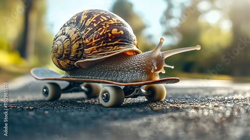 A large brown snail confidently rides a miniature skateboard on a sunny pathway, showcasing its unique blend of nature and playful imagination. From Crawl to Glide: A Speed Revolution
