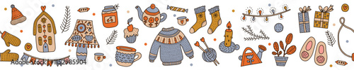 Winter tea party. Scandinavian hygge seamless border with warm, cozy winter elements. Gifts and plants, knitted sweater, hat, scarf, socks. winter cozy things. Background for posters, prints, textiles