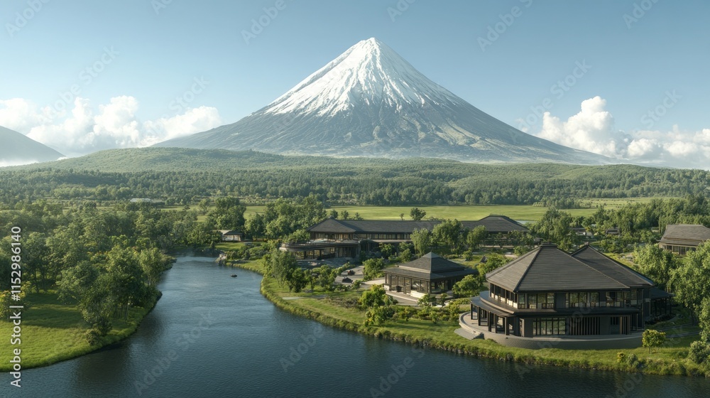 Naklejka premium Serene Lakeside Retreat with Majestic Volcano View