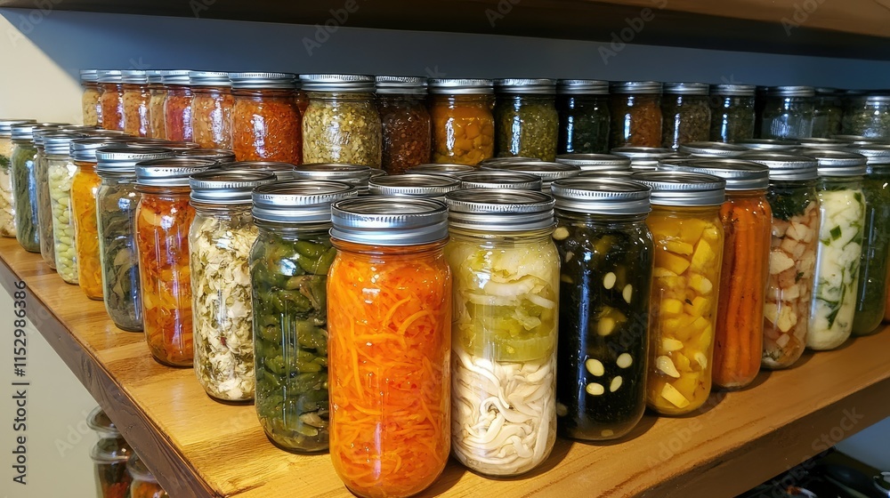 Colorful Array of Homemade Preserves and Pickled Vegetables in Jars on Wooden Shelves for Organic and Fresh Food Concepts Colorful Array of Homemade Preserves and Pickled Vegetables in Jars on Wooden Shelves for Organic and Fresh Food Concepts
