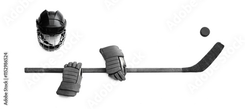 Photography old hockey stick and hockey helmet isolated on white background
