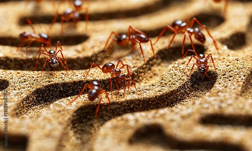 Close-up of ants navigating a sandy maze, showcasing their behavior and teamwork.
