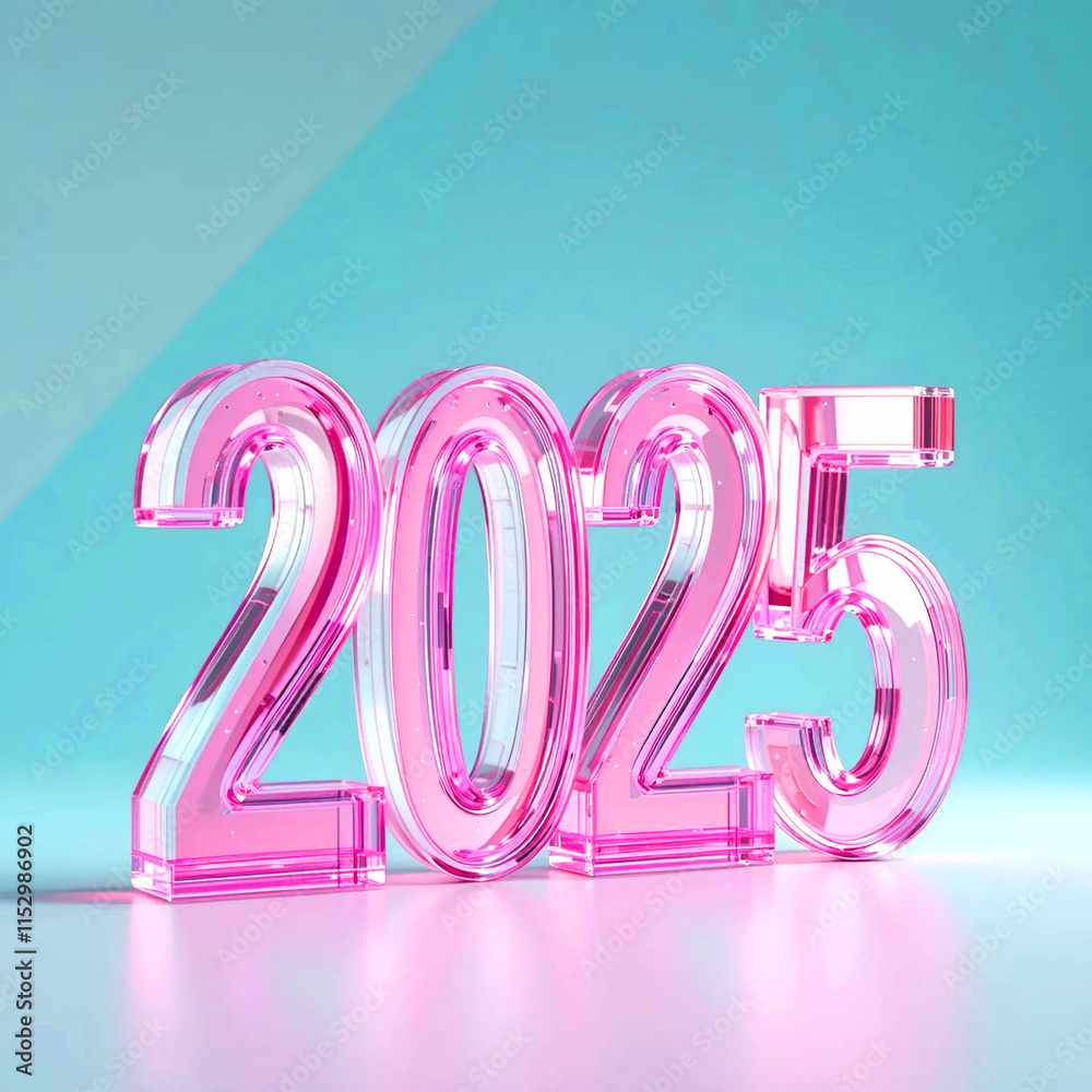2025 Pink glass transparent Text for new year. 3D Text 2025 Pink glass transparent Text for new year. 3D Text