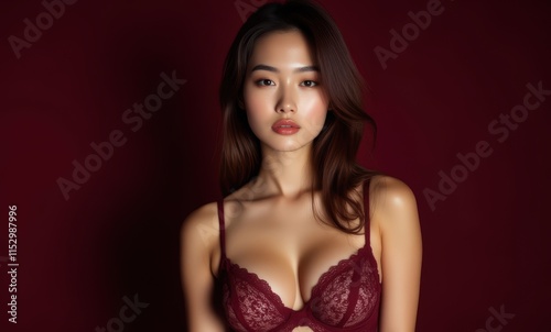 Elegant Asian woman in burgundy lingerie