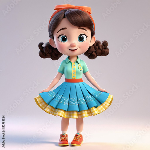 girl wearing a beautiful skirt with white background whimsical cartoon style