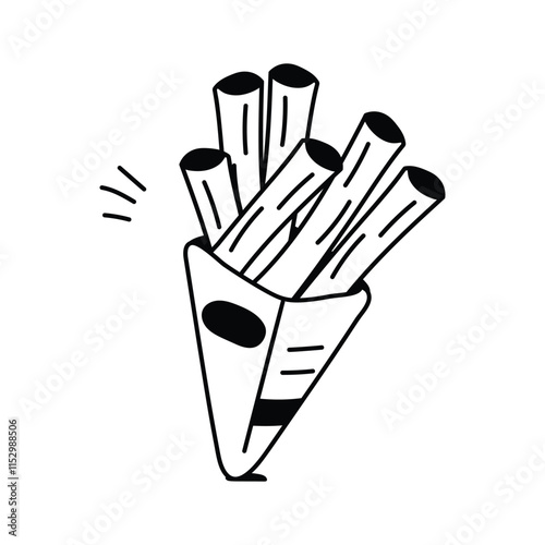 Hand drawn icon of a churros stick in a paper cone