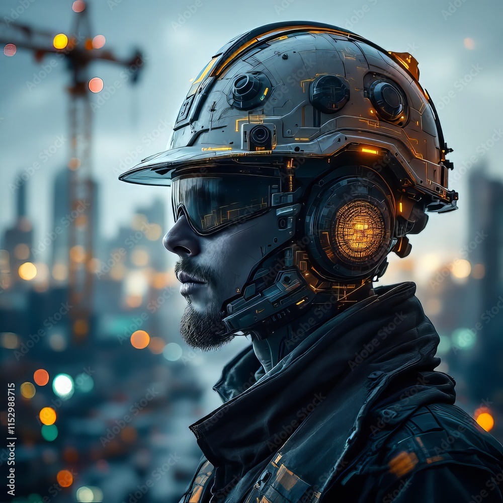 Fototapeta premium Double-exposed safety helmet, showcasing construction hat's intricate design.
