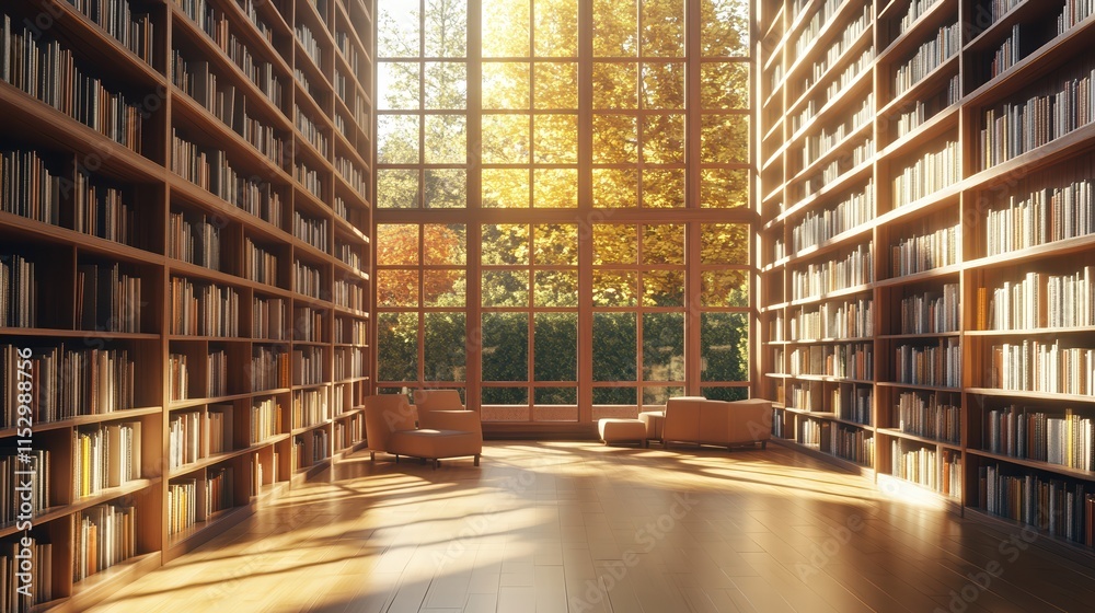 Modern library or bookstore interior with Learning and coworking space,relax zone,Library with rows of bookshelves arranged,school,university,shared desk and chairs,panoramic window. Modern library or bookstore interior with Learning and coworking space,relax zone,Library with rows of bookshelves arranged,school,university,shared desk and chairs,panoramic window.