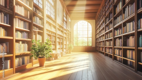 Modern library or bookstore interior with Learning and coworking space,relax zone,Library with rows of bookshelves arranged,school,university,shared desk and chairs,panoramic window.