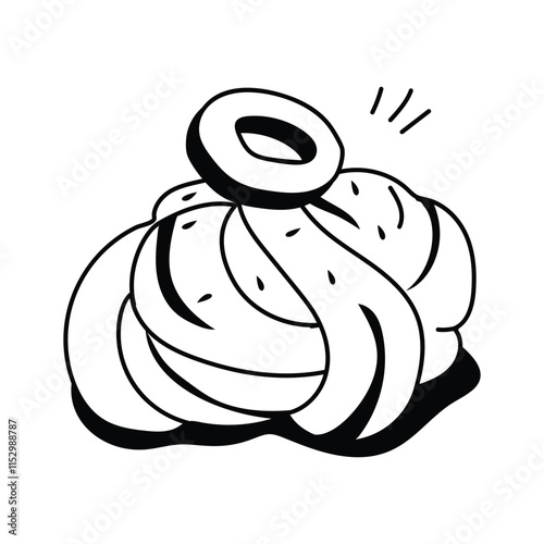 This whimsical black and white line art illustration depicts a visually appealing Danish roll