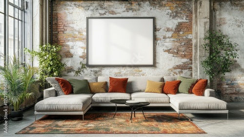 Modern living room with sectional sofa, plants, and blank frame on exposed brick wall. photo