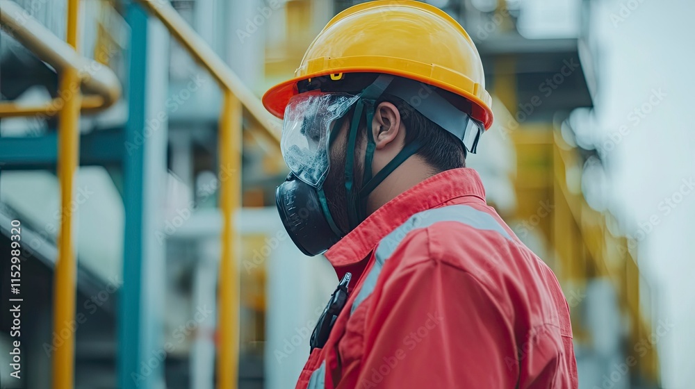 man worker wearing full protection equipments to work duty in the risk atmosphere such as hazard chemical gas or smoke or dust or pm2.5,close up 
