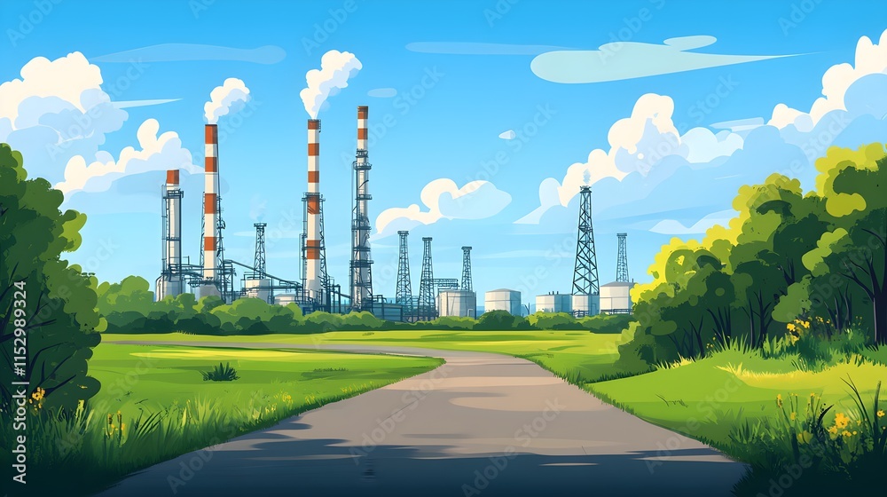 Obraz premium Industrial development in green landscape nature illustration vibrant environment wide viewpoint