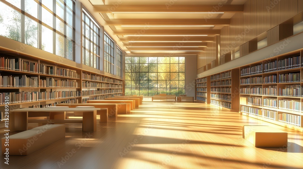 Modern library or bookstore interior with Learning and coworking space,relax zone,Library with rows of bookshelves arranged,school,university,shared desk and chairs,panoramic window. Modern library or bookstore interior with Learning and coworking space,relax zone,Library with rows of bookshelves arranged,school,university,shared desk and chairs,panoramic window.