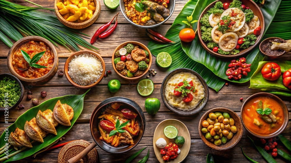 Aerial View of Delicious Thai Food Set - Colorful Dishes & Tropical Setting Aerial View of Delicious Thai Food Set - Colorful Dishes & Tropical Setting