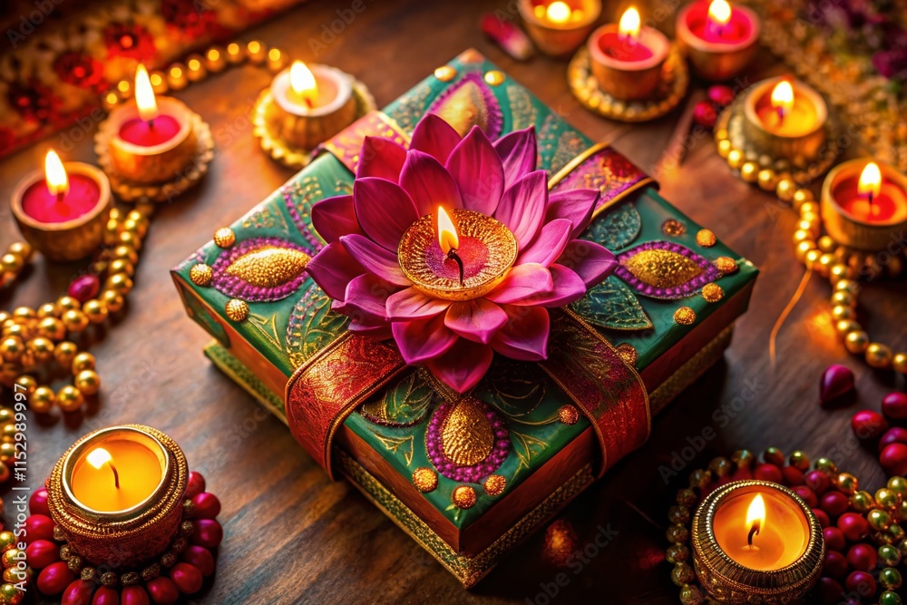 Aerial View of Diwali Gift Box with Lotus & Diya - Festive Indian Celebration Aerial View of Diwali Gift Box with Lotus & Diya - Festive Indian Celebration
