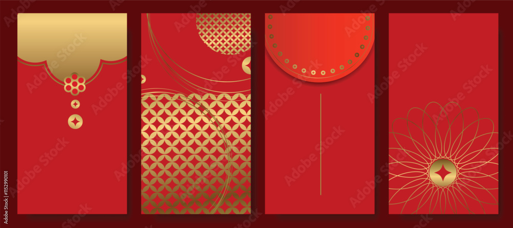 Fototapeta premium Chinese New Year 2025 hongbao red envelope design vector. Collection of Chinese festival with peony flower, butterfly, pattern. Elegant oriental illustration for angpao, cover, website, calendar, ads.