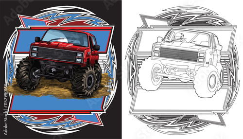 Outline red truck splash, isolated on a black background, for t-shirt design, print, and business purposes.