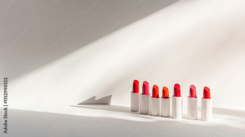 Obraz premium A sleek arrangement of seven lipsticks, their vibrant red and rose tones glowing against a minimalist white surface