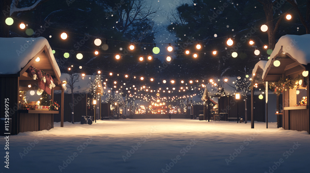 A serene winter market setting with snow-covered stalls decorated for New Year celebrations. Strings of colorful lights illuminate the snowy ground, and a central stage features a glowing New Year A serene winter market setting with snow-covered stalls decorated for New Year celebrations. Strings of colorful lights illuminate the snowy ground, and a central stage features a glowing New Year
