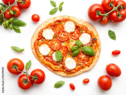 Fresh pizza with colorful fresh ingredients like tomatoes, basil, mozzarella, and peppers on a clean white background, ingredients, food photo