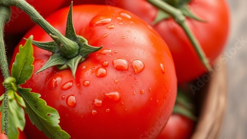 Fresh red tomato covered in water droplets, glistening under the sunlight, summer, juicy photo