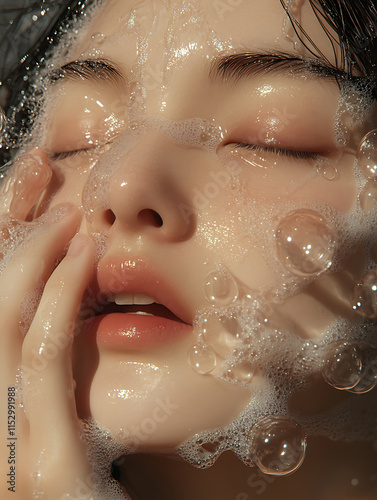 A woman wasking her face with bubbly face wash reflecting good skin photo