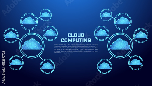 Cloud computing symbol in glowing wireframe style, illustration of internet connection and wireless server access, suitable for presentation backgrounds, banners, social media posts and websites.