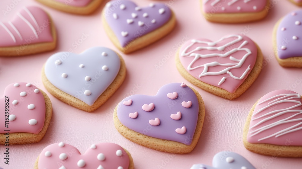 Valentine's Day cookies. Happy mother's day. A variety of heart-shaped cookies decorated. Pink Heart Shaped Cookie. Beautiful Cookie. Perfect cookie for celebrations. Valentine's background