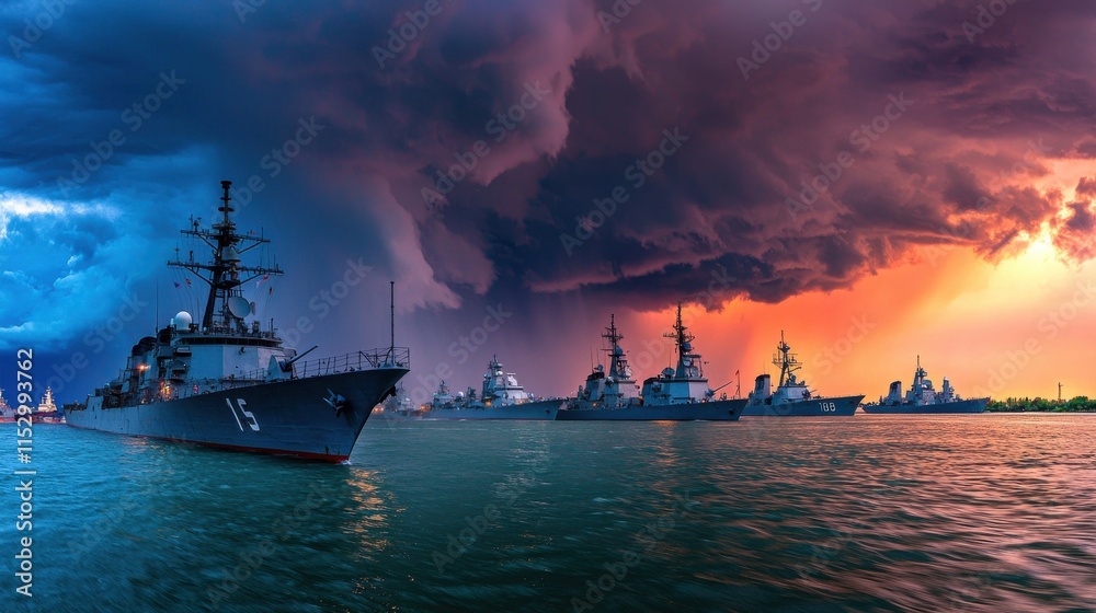 Fototapeta premium Dramatic Sunset Over Powerful Navy Ships Weathering Intense Storm On Vast Oceanic Horizon
