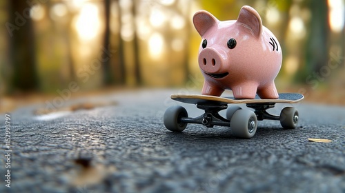 A cute pink piggy bank riding a skateboard, showcasing a playful and whimsical vibe in a serene forest setting with warm autumn colors. Turbo Savings, Money on the Move photo