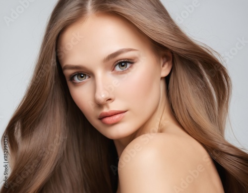 Portrait of a beautiful young woman with clean, fresh skin and long, thick hair. ai generator