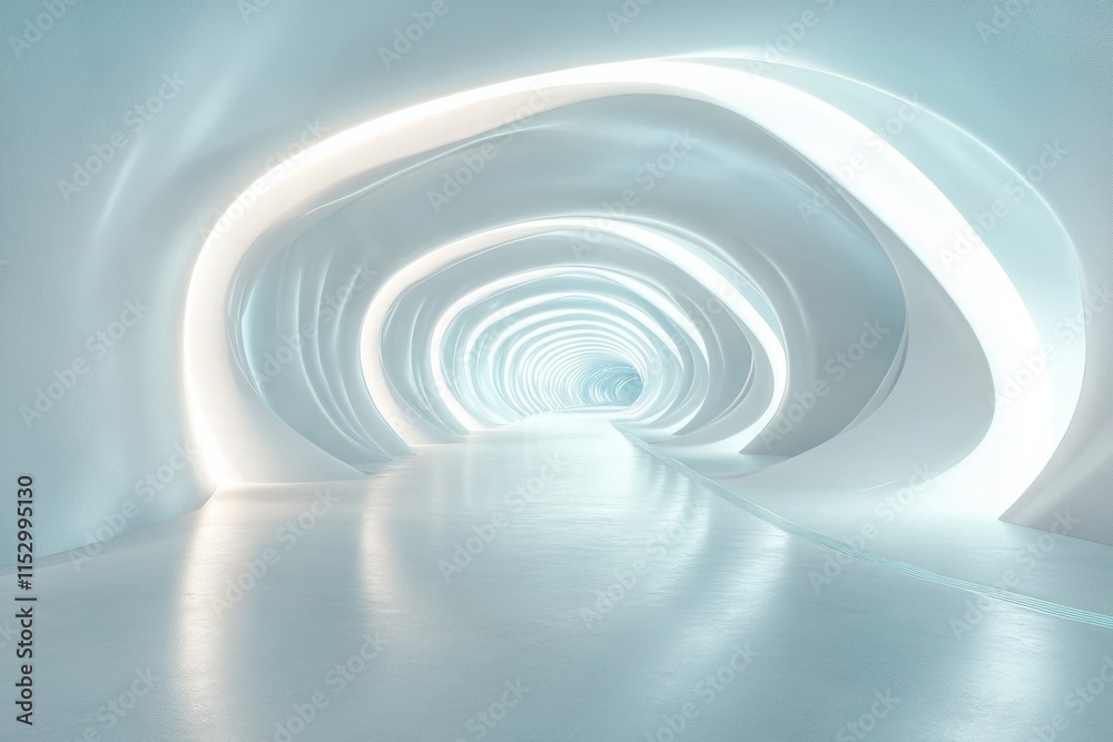 Fototapeta premium A sleek futuristic corridor with glowing panels and light strips, combining minimalism and ultramodern aesthetics for a sci-fi vibe.