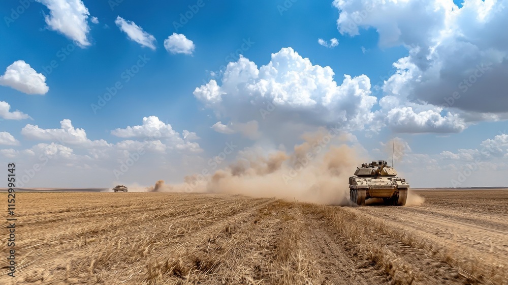 Fototapeta premium Armored Tank Charging Through Dusty Desert Landscape on Military