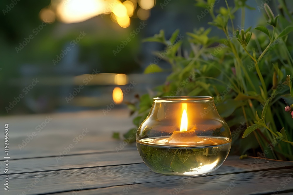 Serene Candlelight: Floating Flame in Glass Vessel on Wooden Surface at Sunset, Creating a Peaceful Atmosphere with Tranquil Ambiance and Natural Beauty. Relaxing and Calming Mood. Serene Candlelight: Floating Flame in Glass Vessel on Wooden Surface at Sunset, Creating a Peaceful Atmosphere with Tranquil Ambiance and Natural Beauty. Relaxing and Calming Mood.