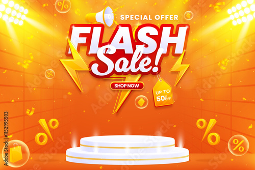 Realistic flash sale banner design template with podium isolated on abstract background