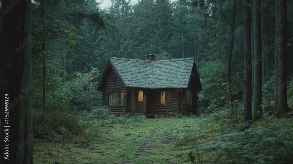 A secluded cabin in a forest, illuminated by a warm glow, surrounded by lush greenery. A secluded cabin in a forest, illuminated by a warm glow, surrounded by lush greenery.
