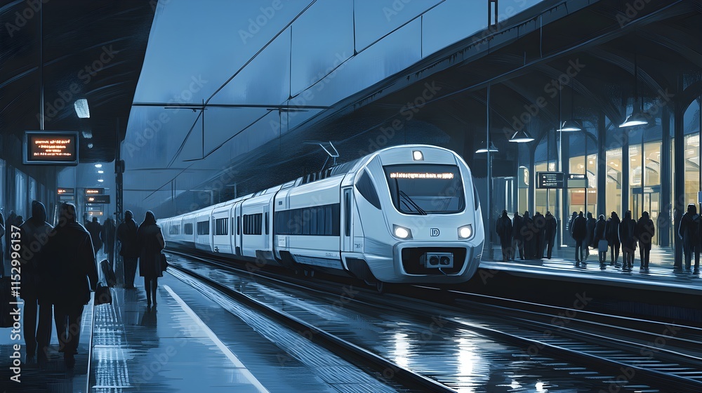 Fototapeta premium Train arrival at nighttime station urban transport scene digital art moody atmosphere
