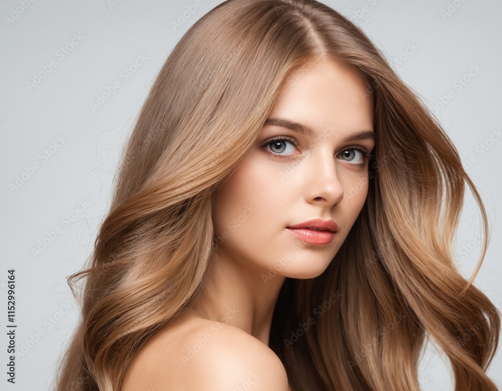 Naklejka premium Portrait of a beautiful young woman with clean, fresh skin and long, thick hair. ai generator